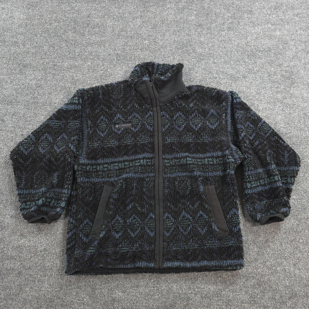 Vintage Columbia Jacket Womens Small Black Fleece Nordic Geometric Pattern USA